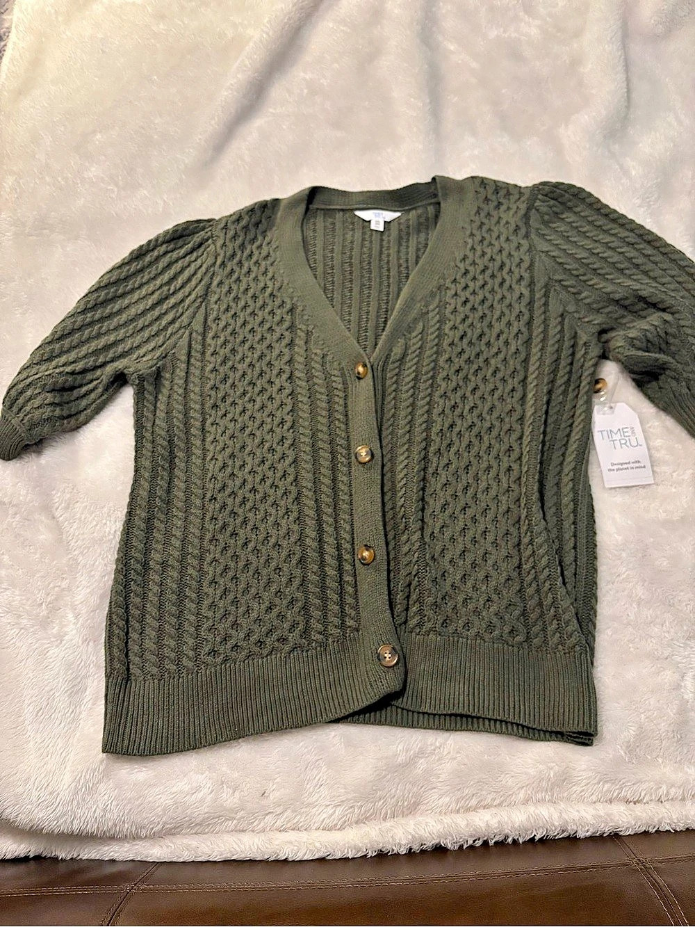 Time and Tru Cable Knit Cardigan in Green Size XXL (20) Like New